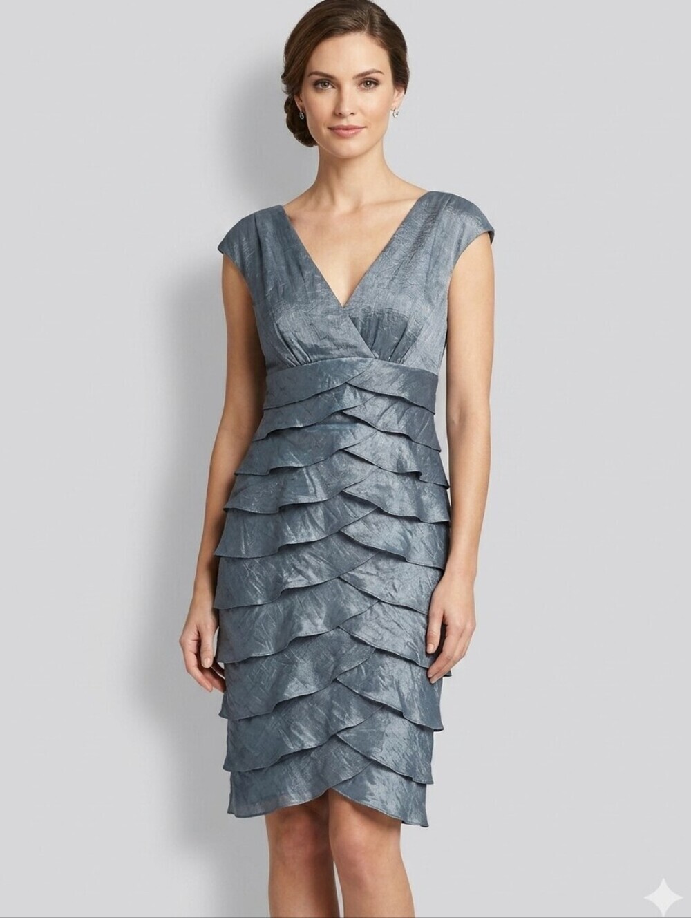London Times Semi Formal Women's Dress with Pleating Silver Blue 10 Retail $84